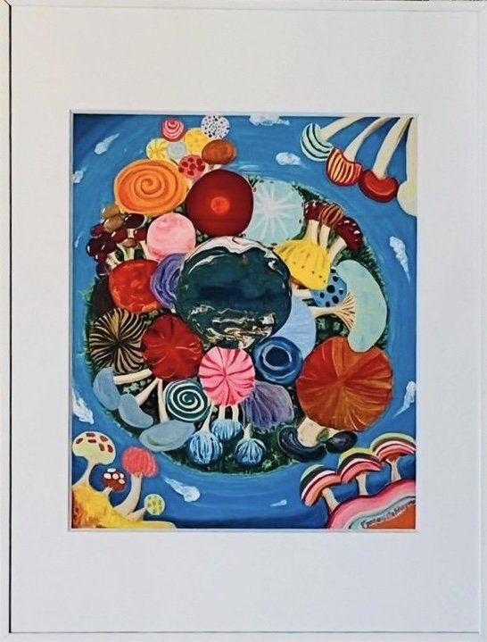 宇宙きのこ曼荼羅 小サイズ（デジタル版画・額付 緑／白 各1点）